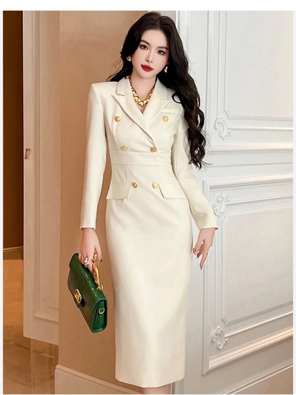 NWT Elegant Ivory Double-Breasted Midi Dress with Gold Buttons 6